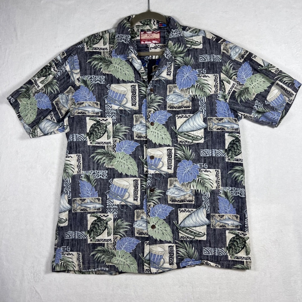 RJC Mens Hawaiian Shirt Large Blue Green Tropical Sea Turtle Fish Made in Hawaii